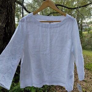 NWT Charter Club Luxury Women's 100% Linen Shirt White Large Eyelet Tie Sleeves
